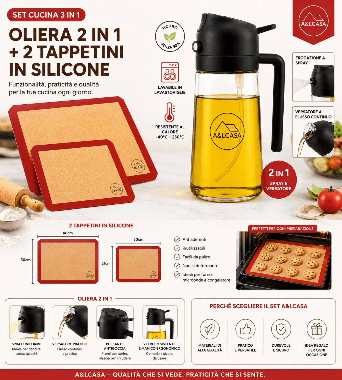 Bundle Cucina Essenziale A&LCASA con oliera spray 2 in 1 da 470 ml e 2 tappetini da forno in silicone