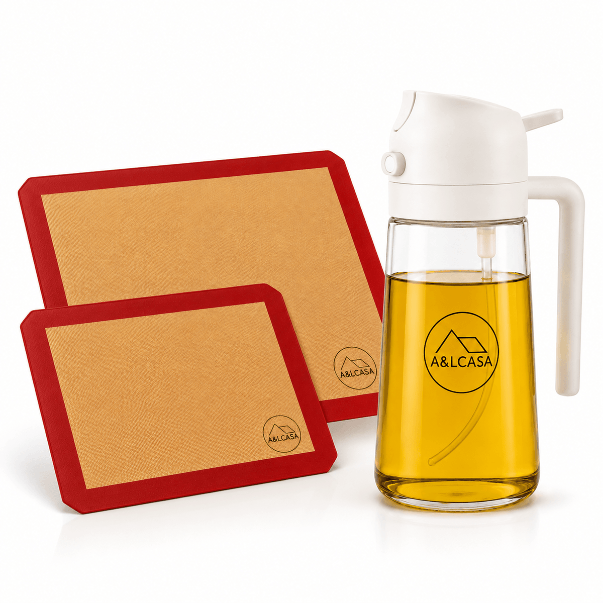 Oliera spray 2 in 1 A&LCASA bianca da 470 ml con 2 tappetini da forno in silicone rossi