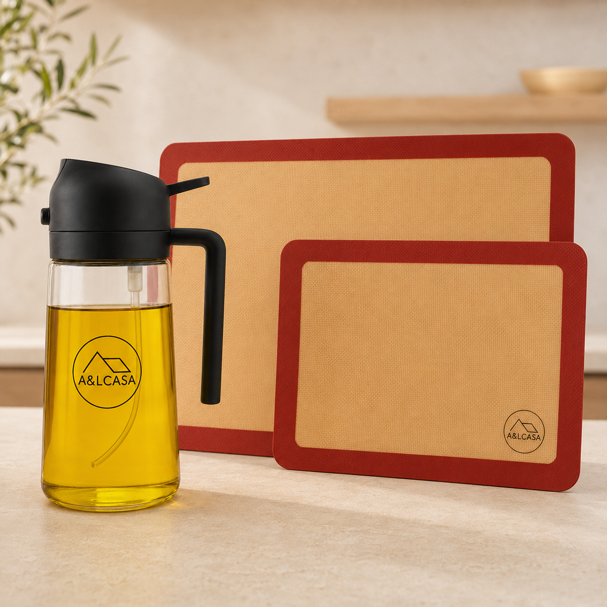 Bundle Cucina Essenziale A&LCASA con oliera spray 2 in 1 da 470 ml e 2 tappetini da forno in silicone