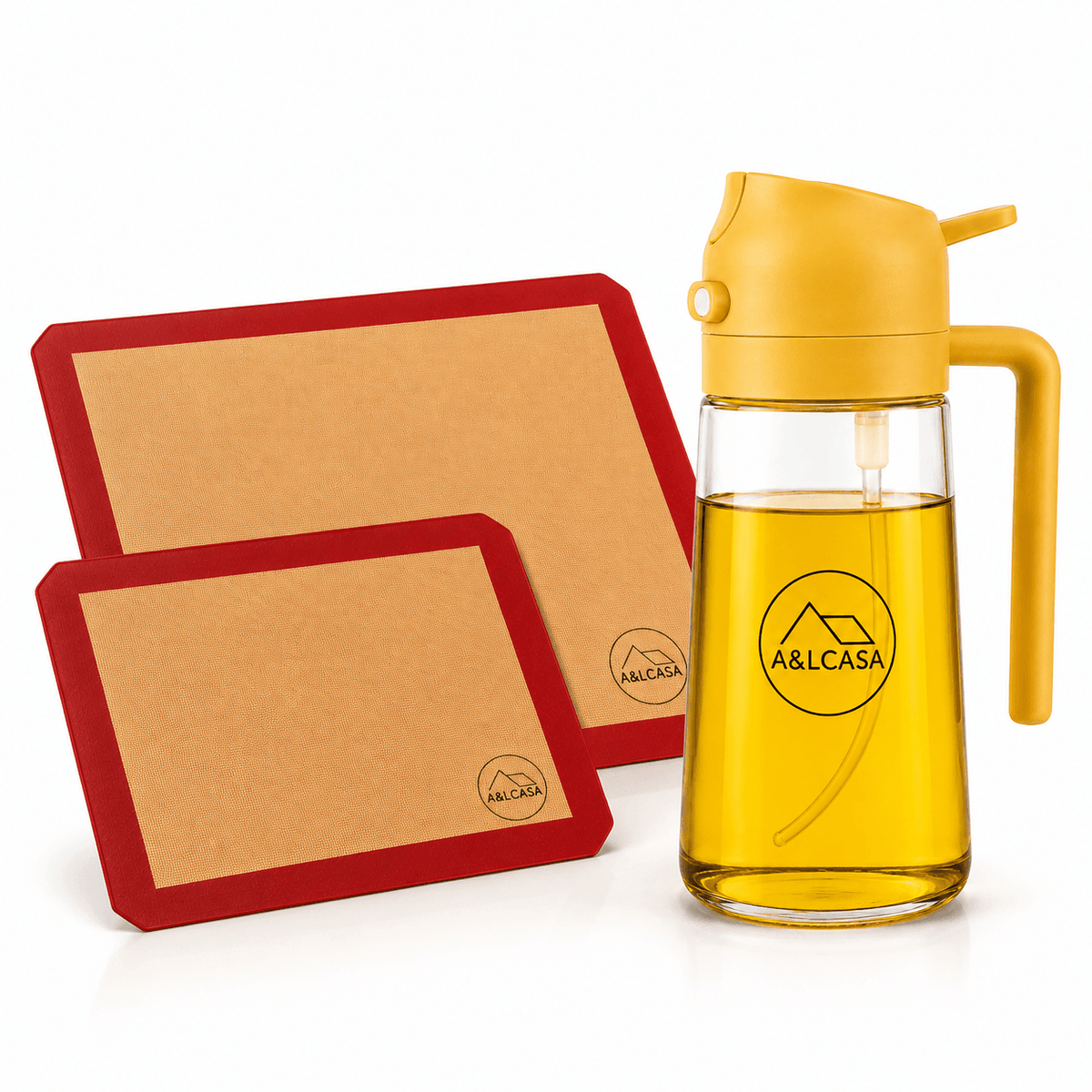 Oliera spray 2 in 1 A&LCASA gialla da 470 ml con 2 tappetini da forno in silicone rossi