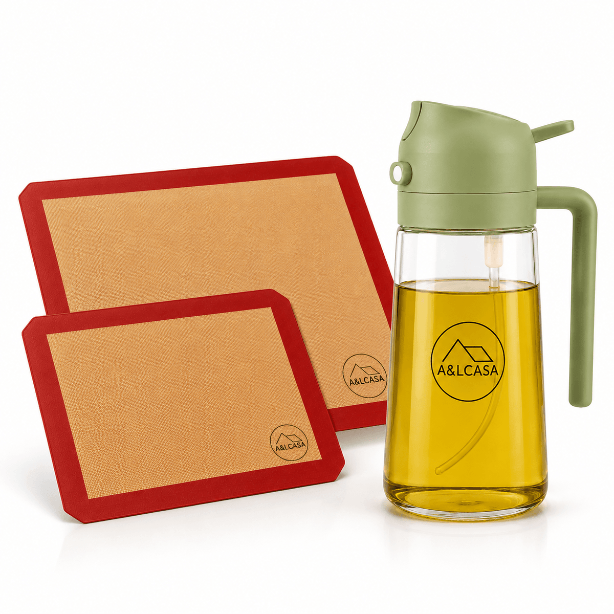 Oliera spray 2 in 1 A&LCASA verde da 470 ml con 2 tappetini da forno in silicone rossi