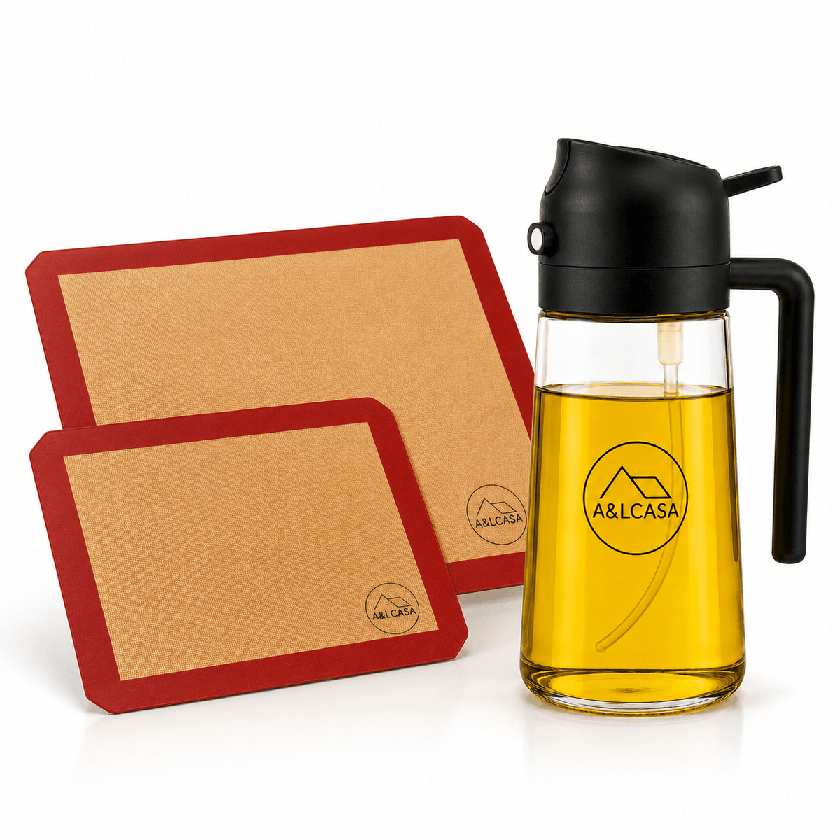 Oliera spray 2 in 1 A&LCASA nera da 470 ml con 2 tappetini da forno in silicone rossi