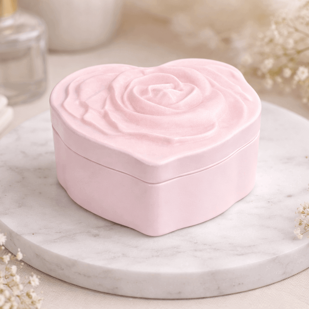 porta oggetti in resina rosa a forma di cuore con decorazione rosa