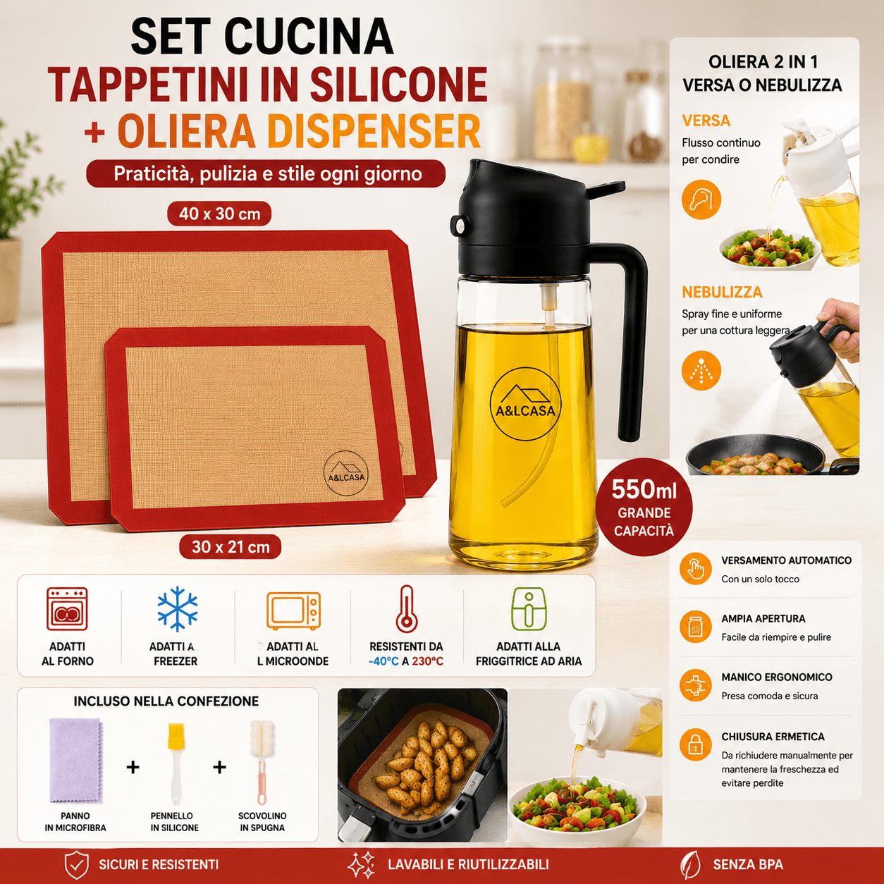 Set cucina: oliera spray + tappetini in silicone