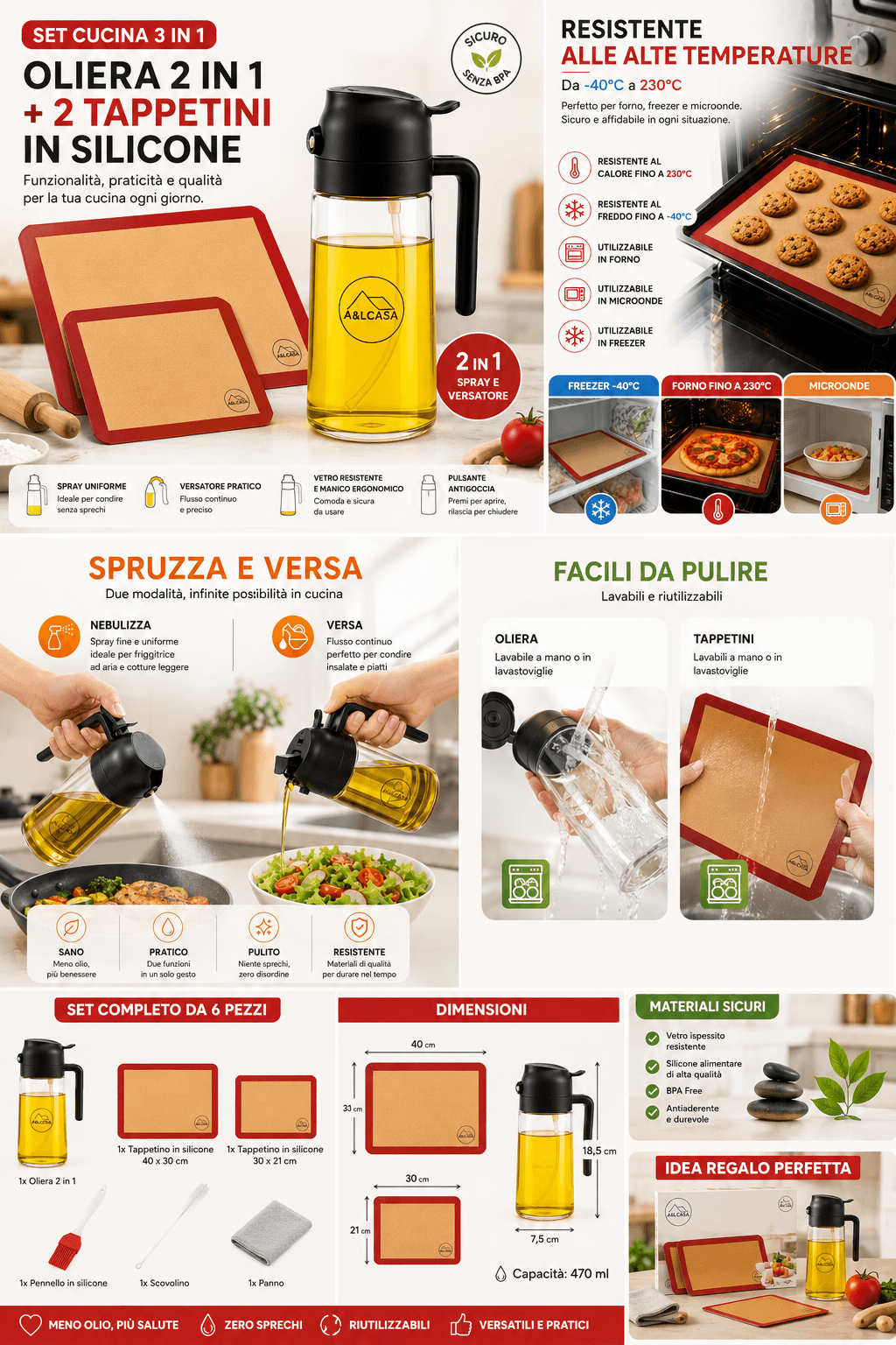 Set cucina: oliera spray + tappetini in silicone