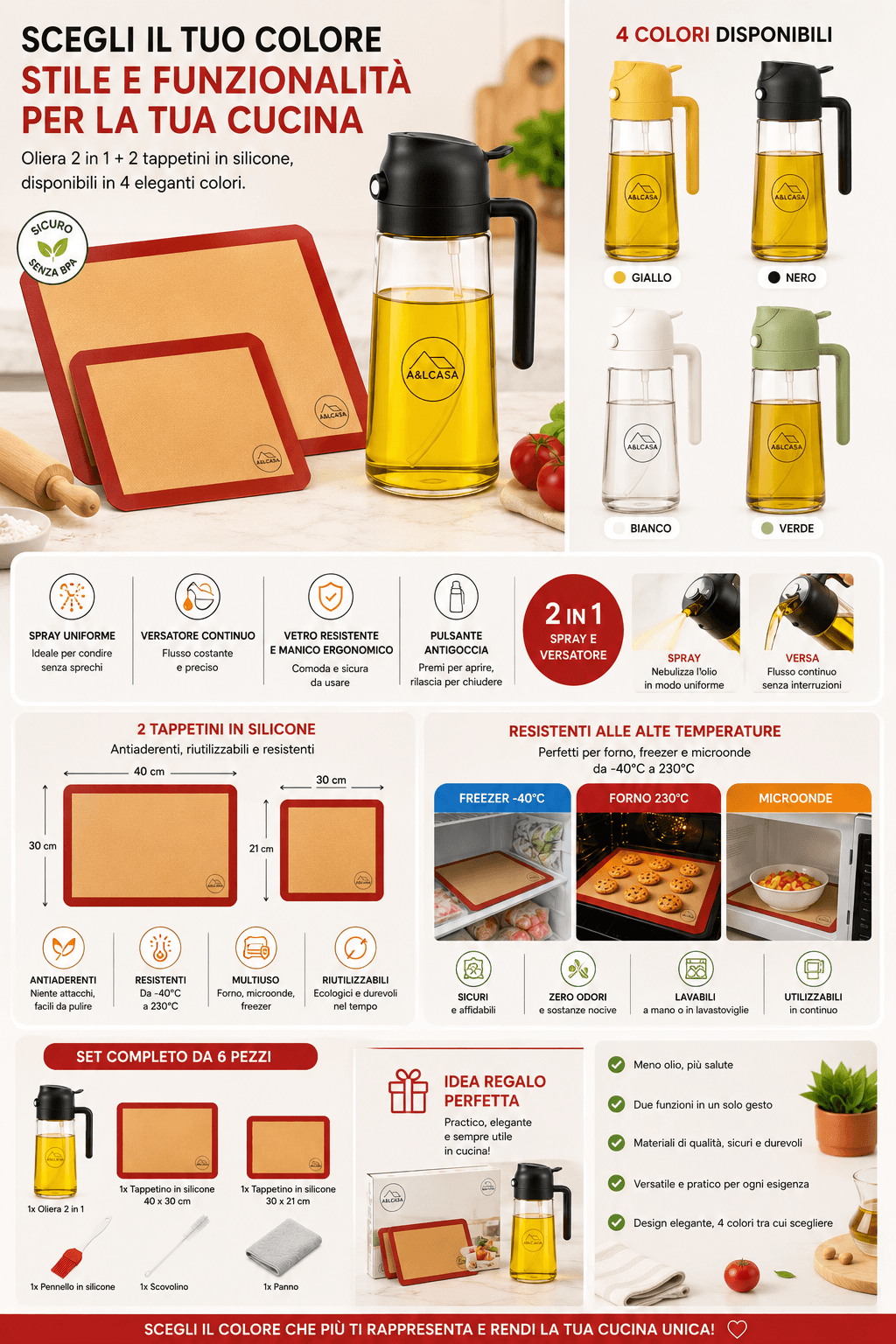 Set cucina: oliera spray + tappetini in silicone