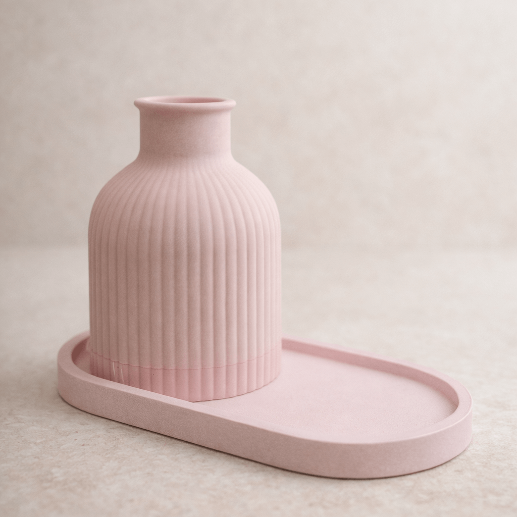 set vaso e vassoio in resina rosa decorazione casa