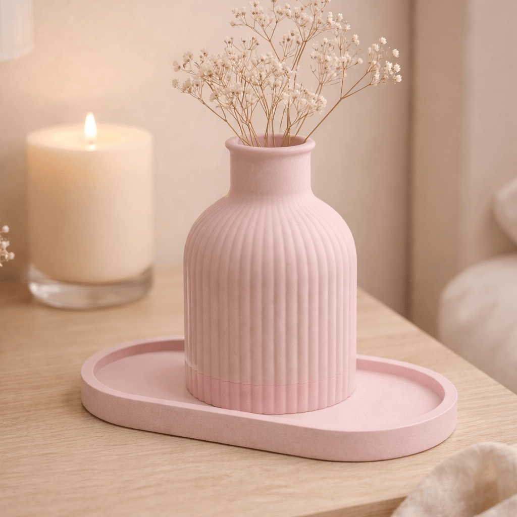 vaso in resina con vassoio ovale decorativo rosa