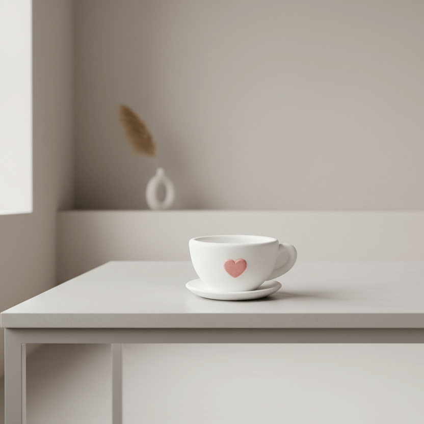 tazzina decorativa in resina con cuore rosa su piattino