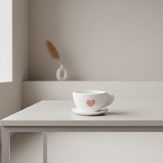 tazzina decorativa in resina con cuore rosa su piattino