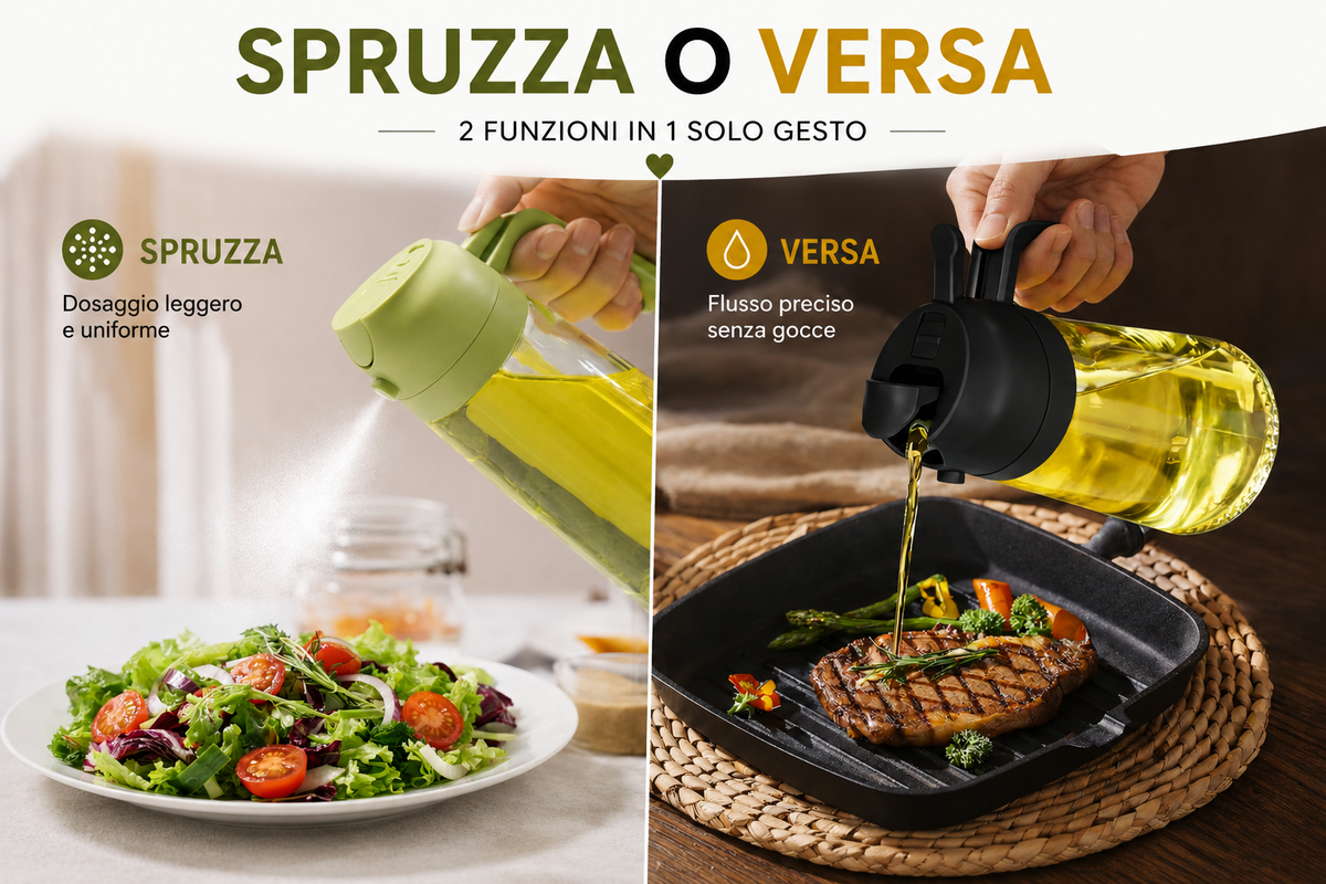 Oliera spray 2 in 1 A&LCASA utilizzata per spruzzare e versare l’olio