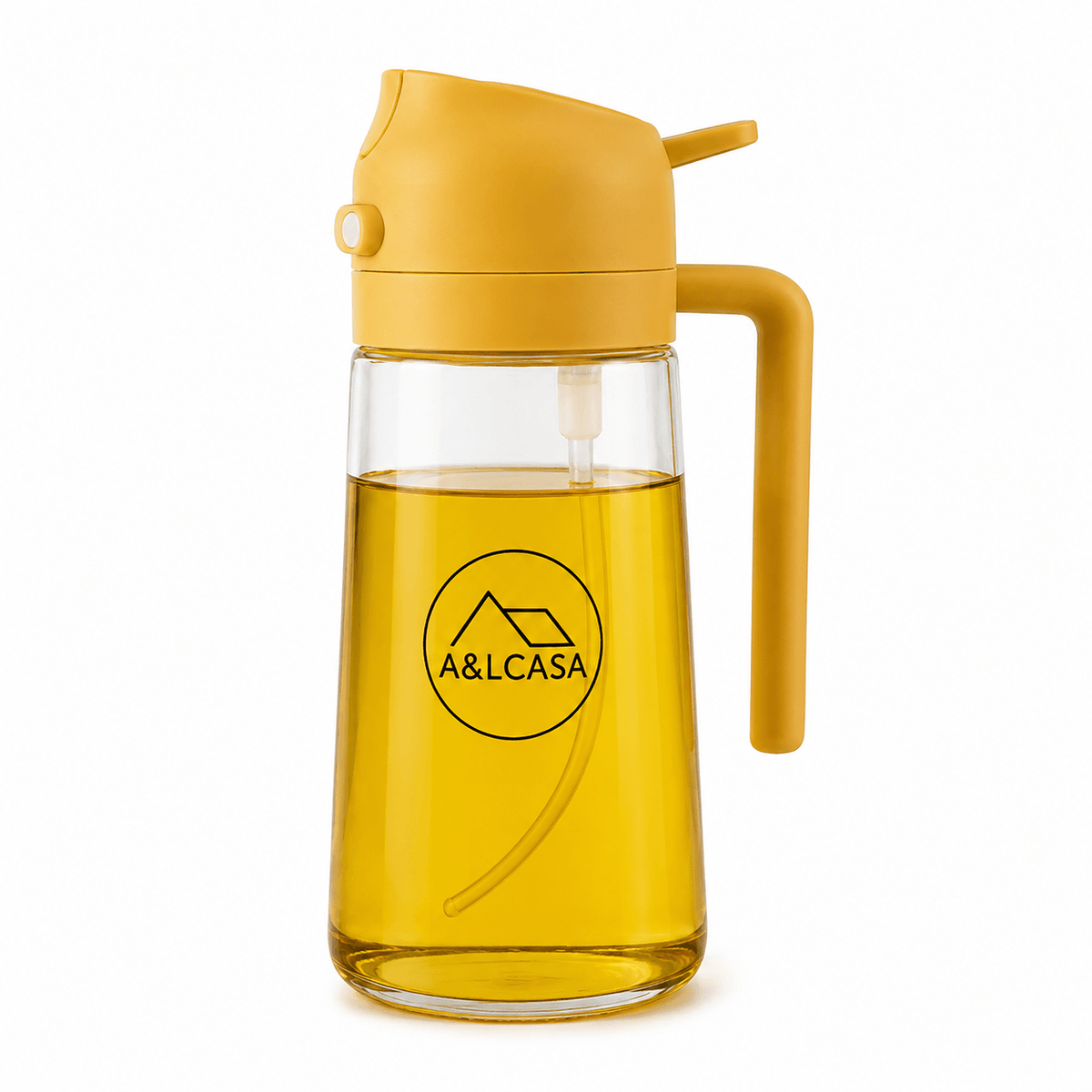 Oliera spray 2 in 1 A&LCASA gialla da 470 ml su sfondo bianco