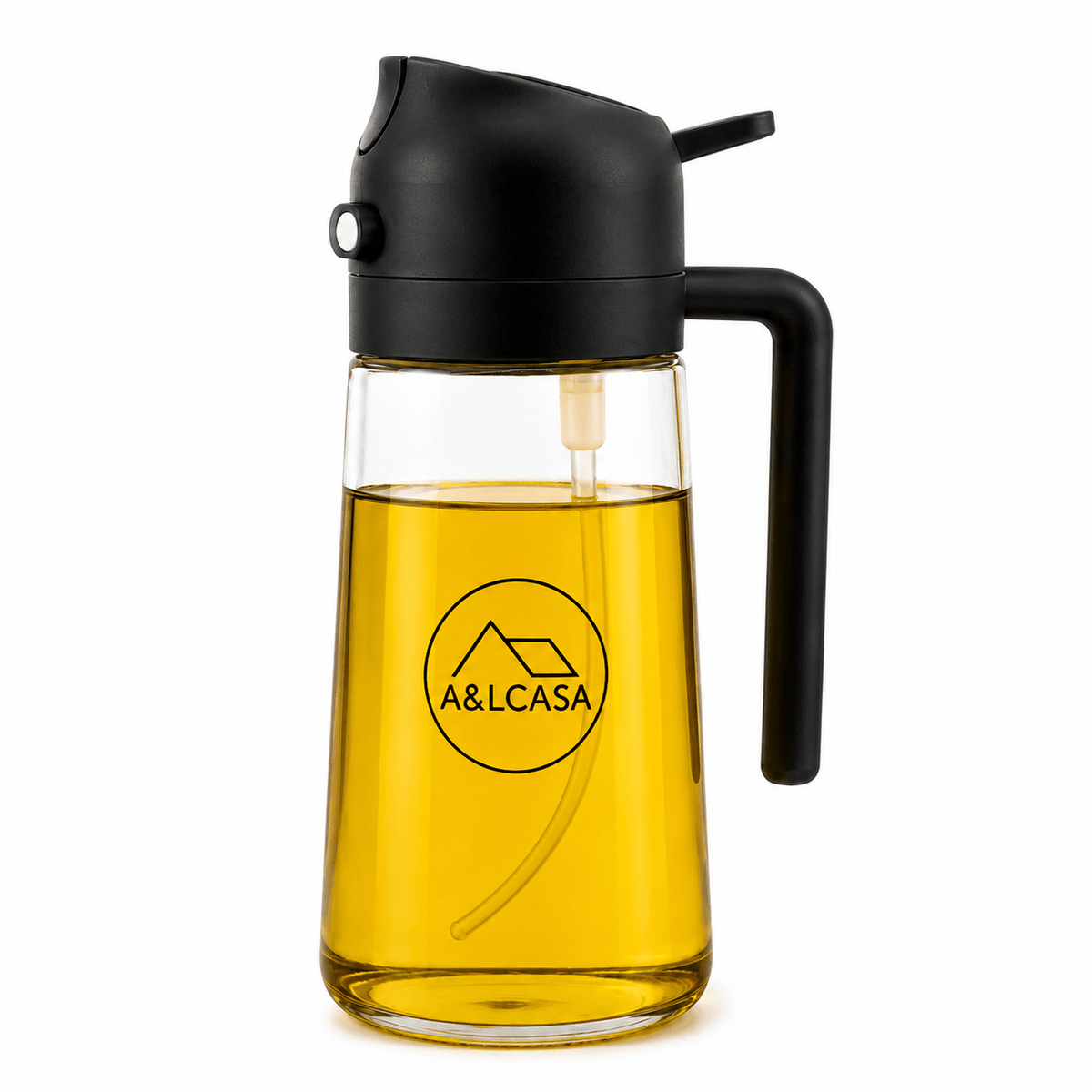 Oliera spray 2 in 1 A&LCASA nera da 470 ml su sfondo bianco