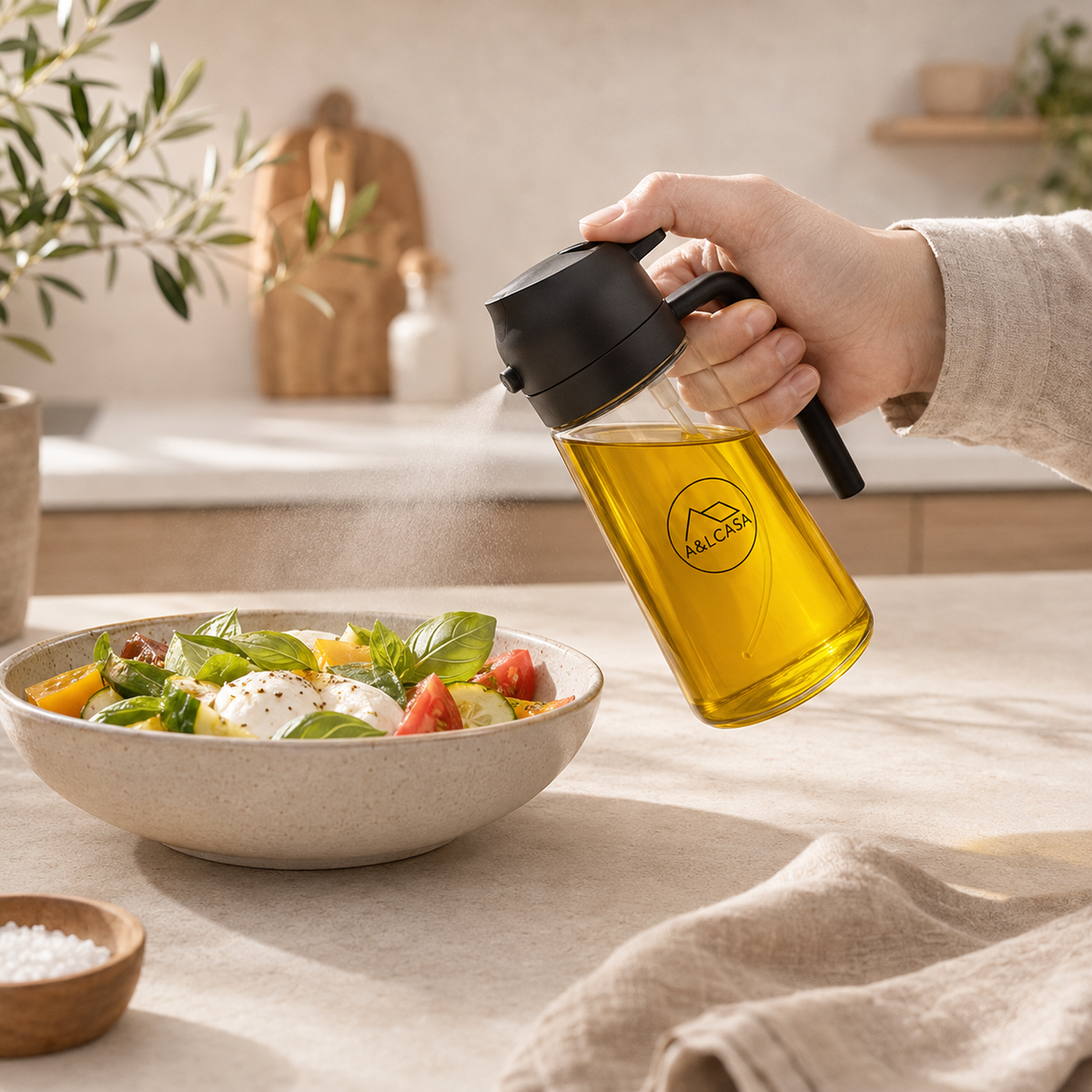 Oliera spray 2 in 1 A&LCASA nera utilizzata per condire un’insalata
