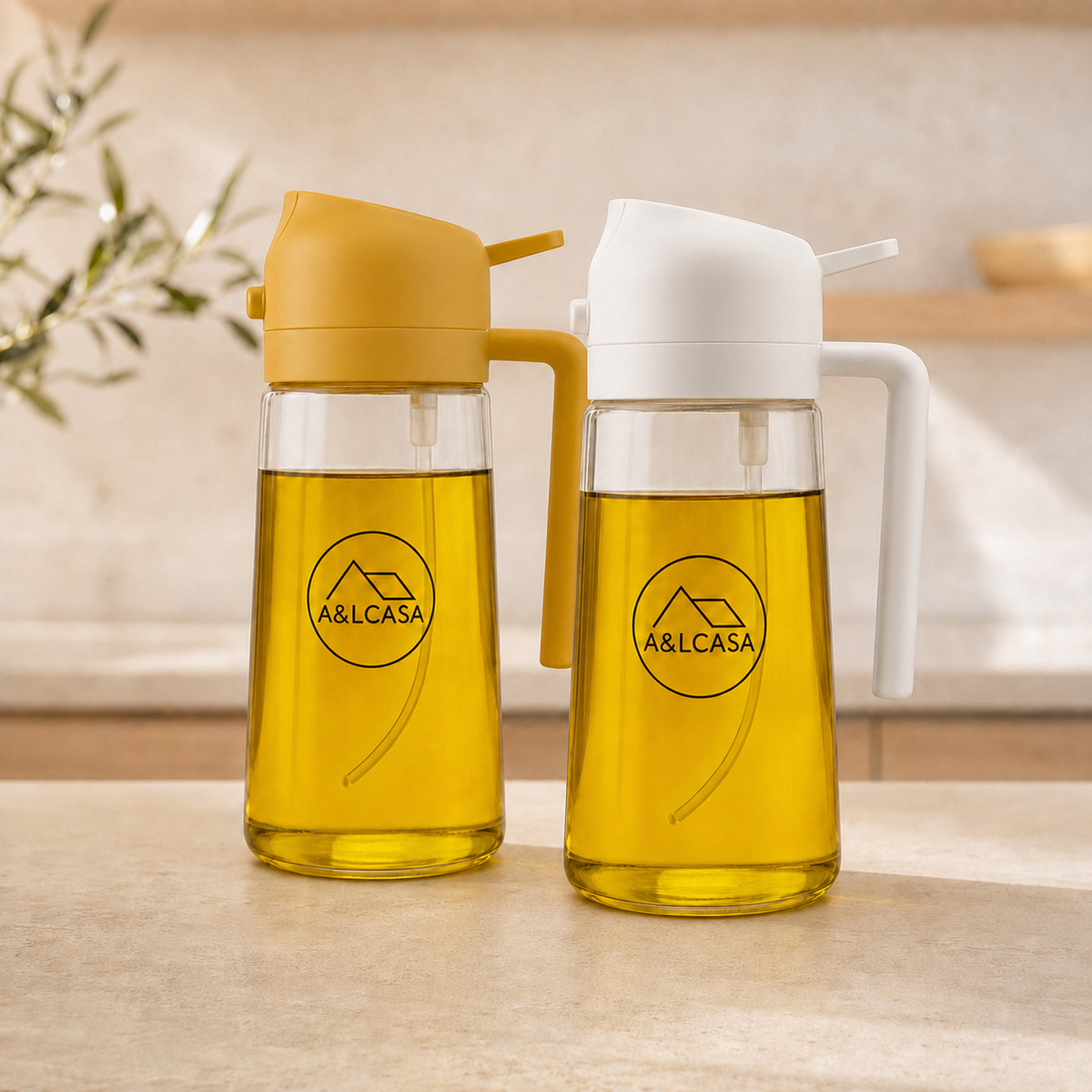 Set di 2 oliere spray 2 in 1 A&LCASA, una gialla e una bianca