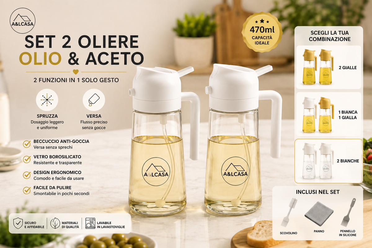 Set di 2 oliere spray 2 in 1 A&LCASA bianche da 470 ml