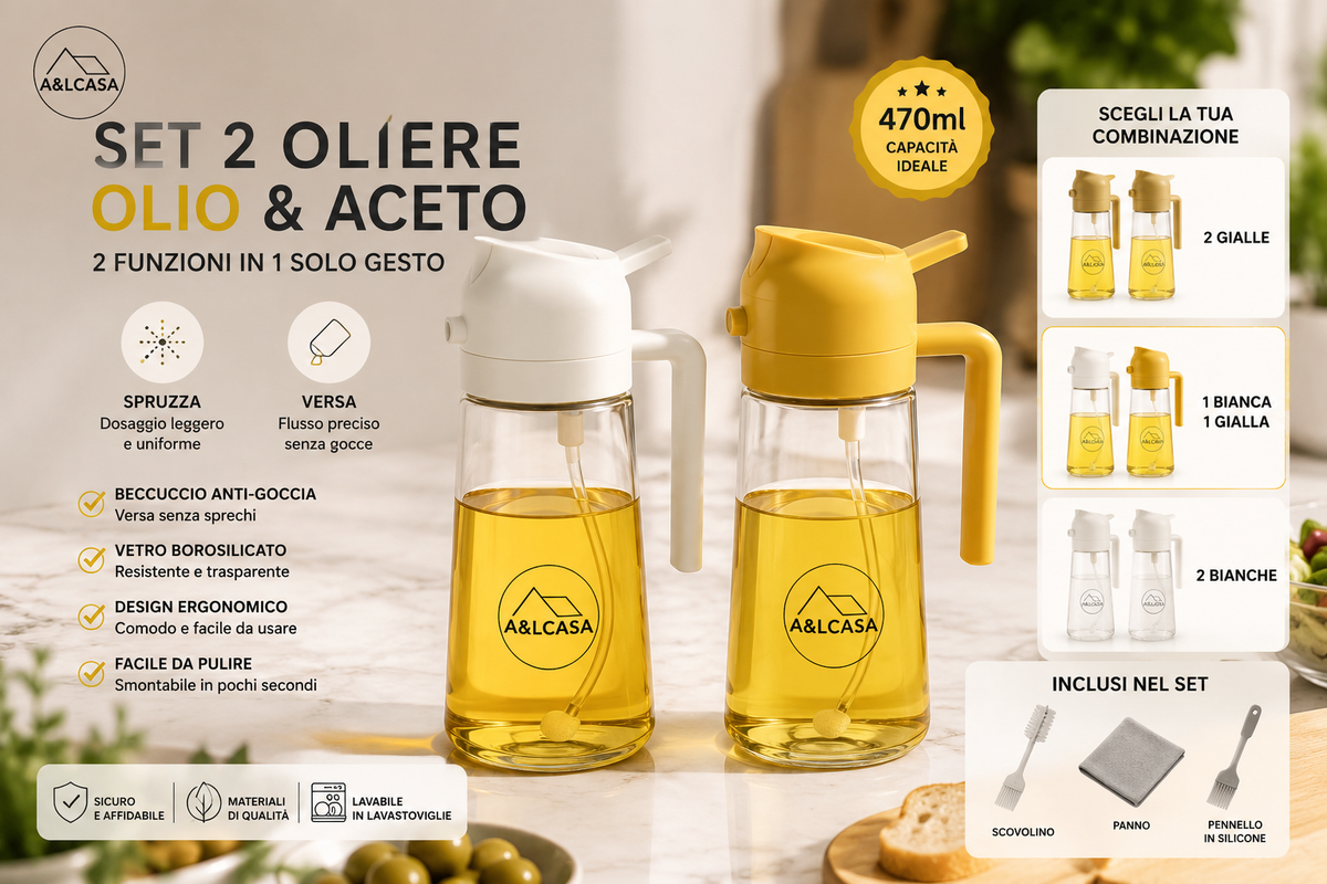 Set di 2 oliere spray 2 in 1 A&LCASA, una gialla e una bianca, da 470 ml ciascuna