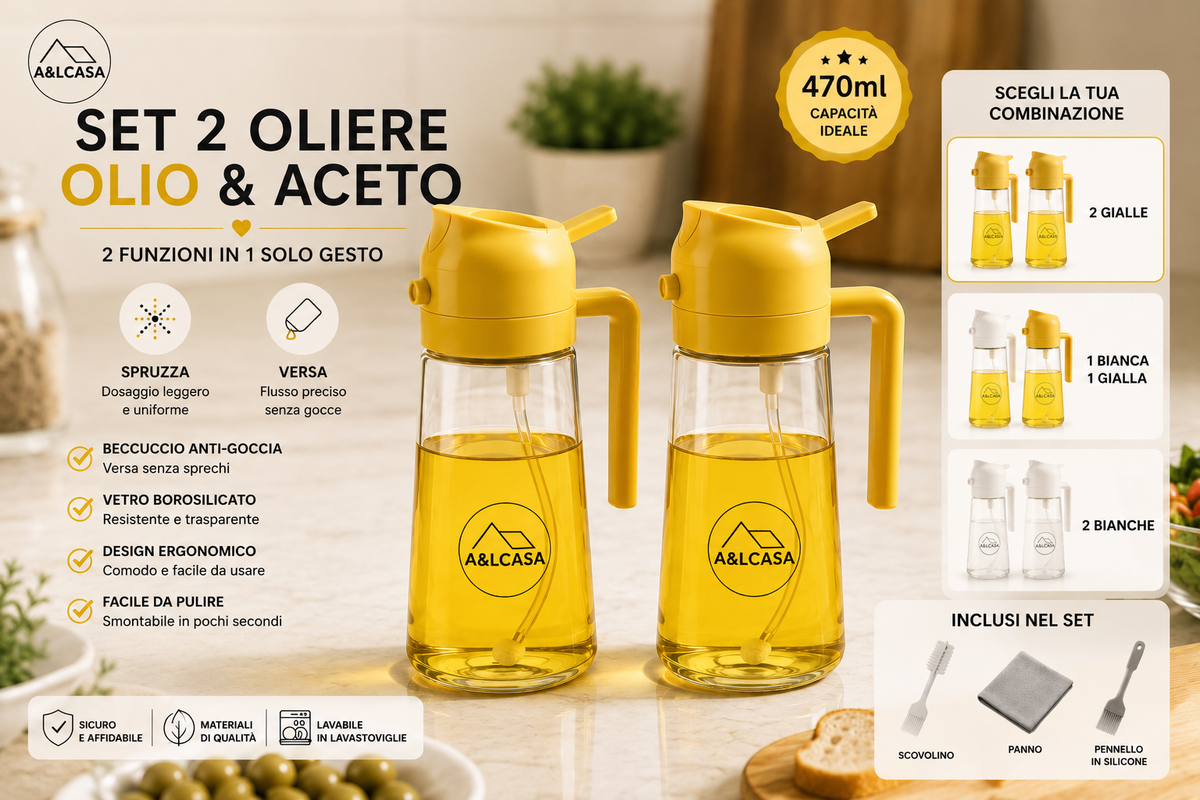 Set di 2 oliere spray 2 in 1 A&LCASA gialle da 470 ml