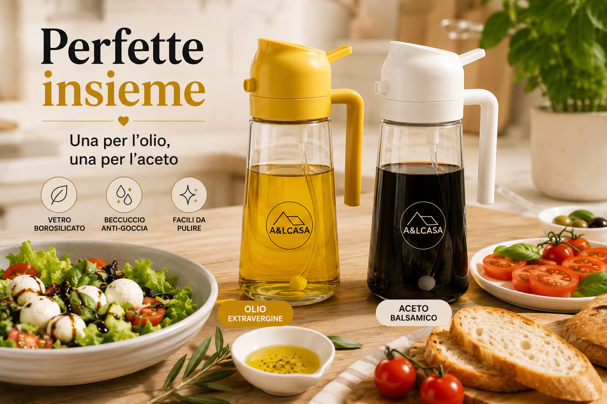 Set di 2 oliere spray 2 in 1 A&LCASA gialla e bianca per olio e aceto balsamico