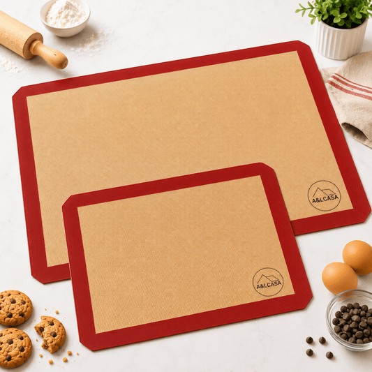 Set di 2 tappetini da forno in silicone A&LCASA rossi nelle misure 40 x 30 cm e 30 x 21 cm