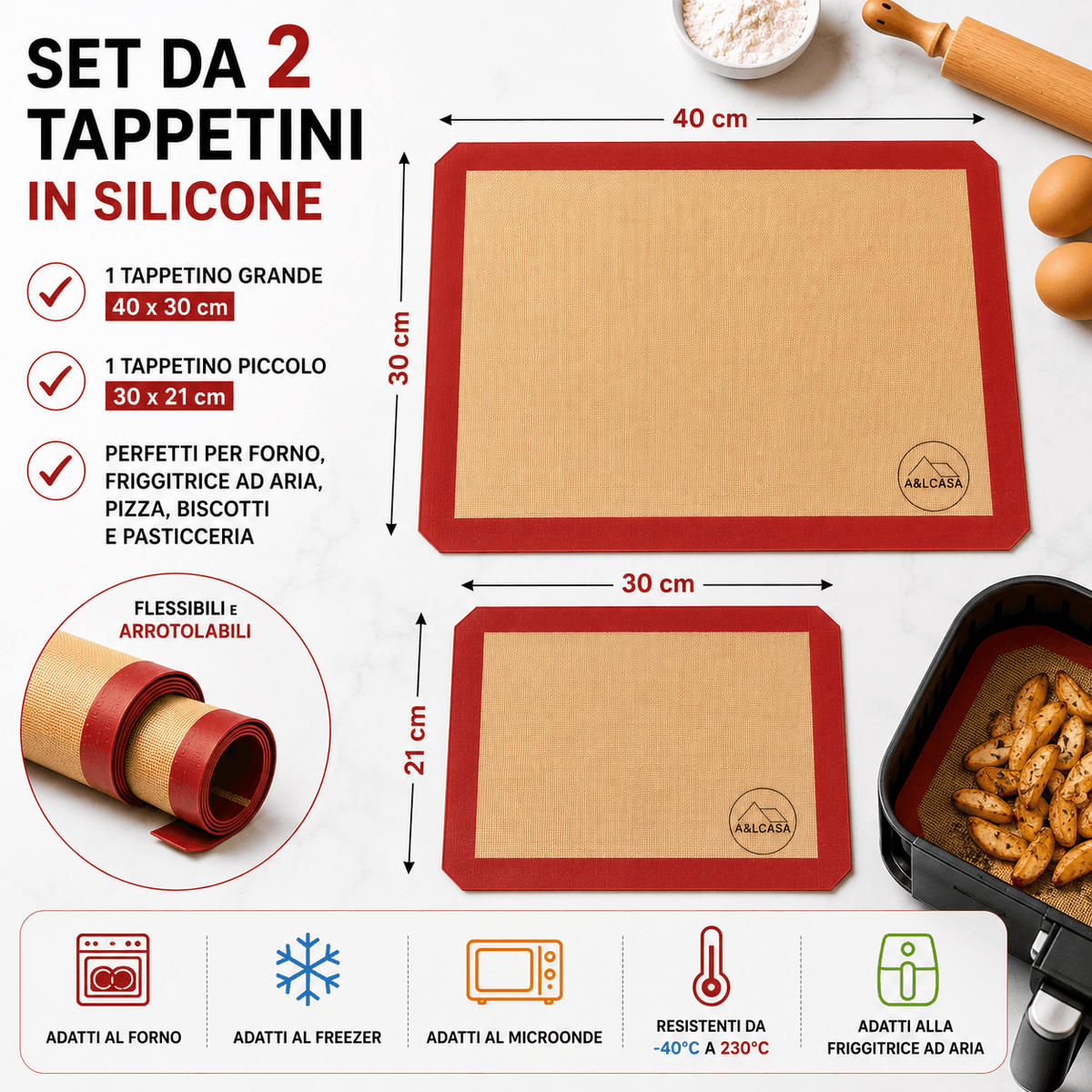 Set di 2 tappetini da forno in silicone A&LCASA nelle misure 40 x 30 cm e 30 x 21 cm