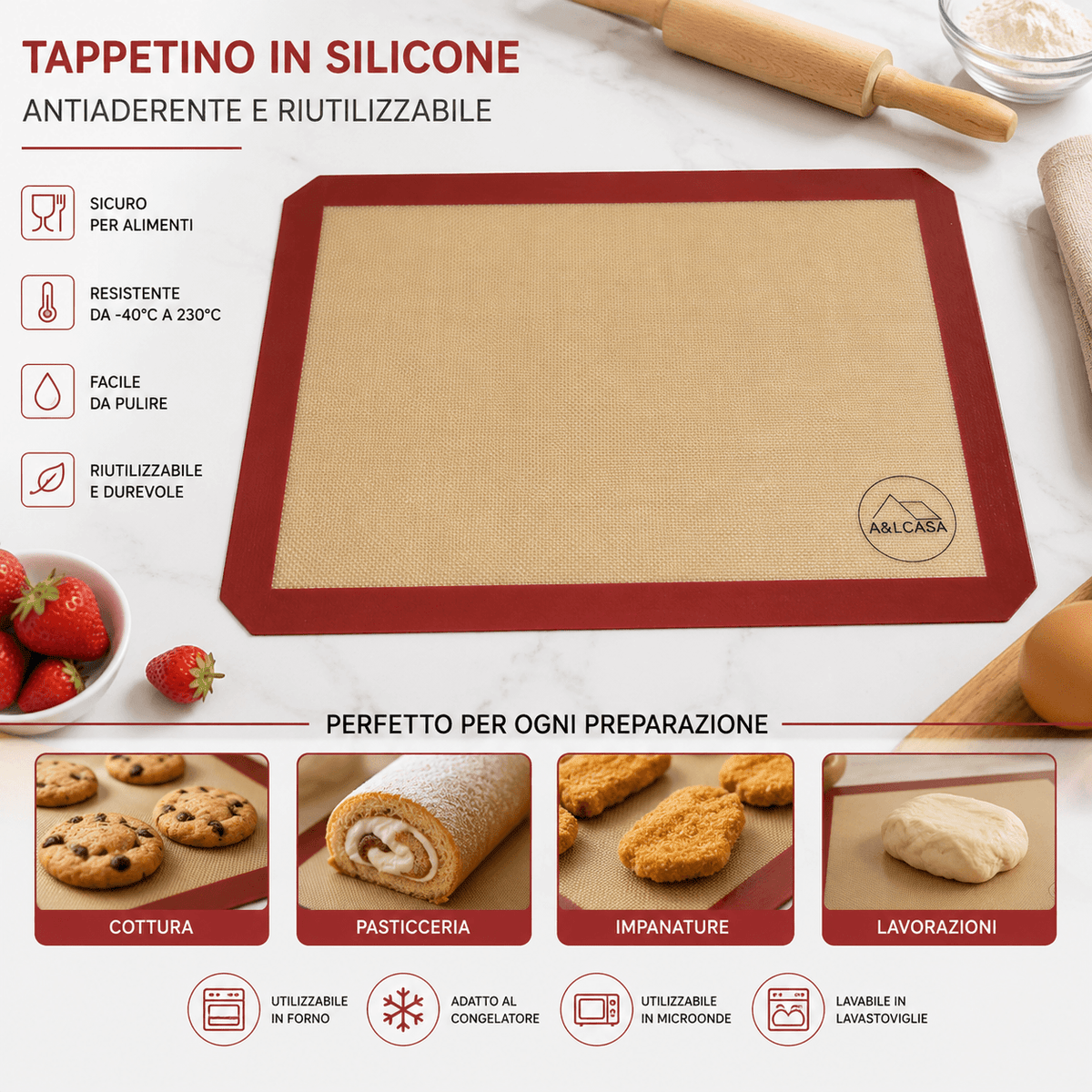 Tappetino da forno in silicone A&LCASA antiaderente, riutilizzabile e adatto a forno, congelatore, microonde e lavastoviglie
