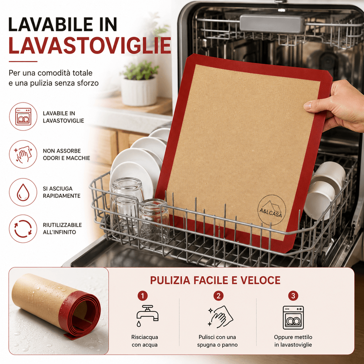Tappetino da forno in silicone A&LCASA lavabile in lavastoviglie, riutilizzabile e facile da pulire