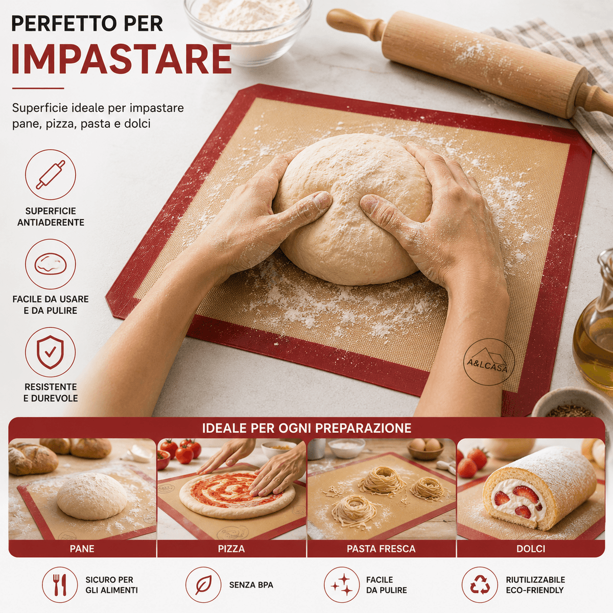 Impasto lavorato su tappetino da forno in silicone A&LCASA con superficie antiaderente