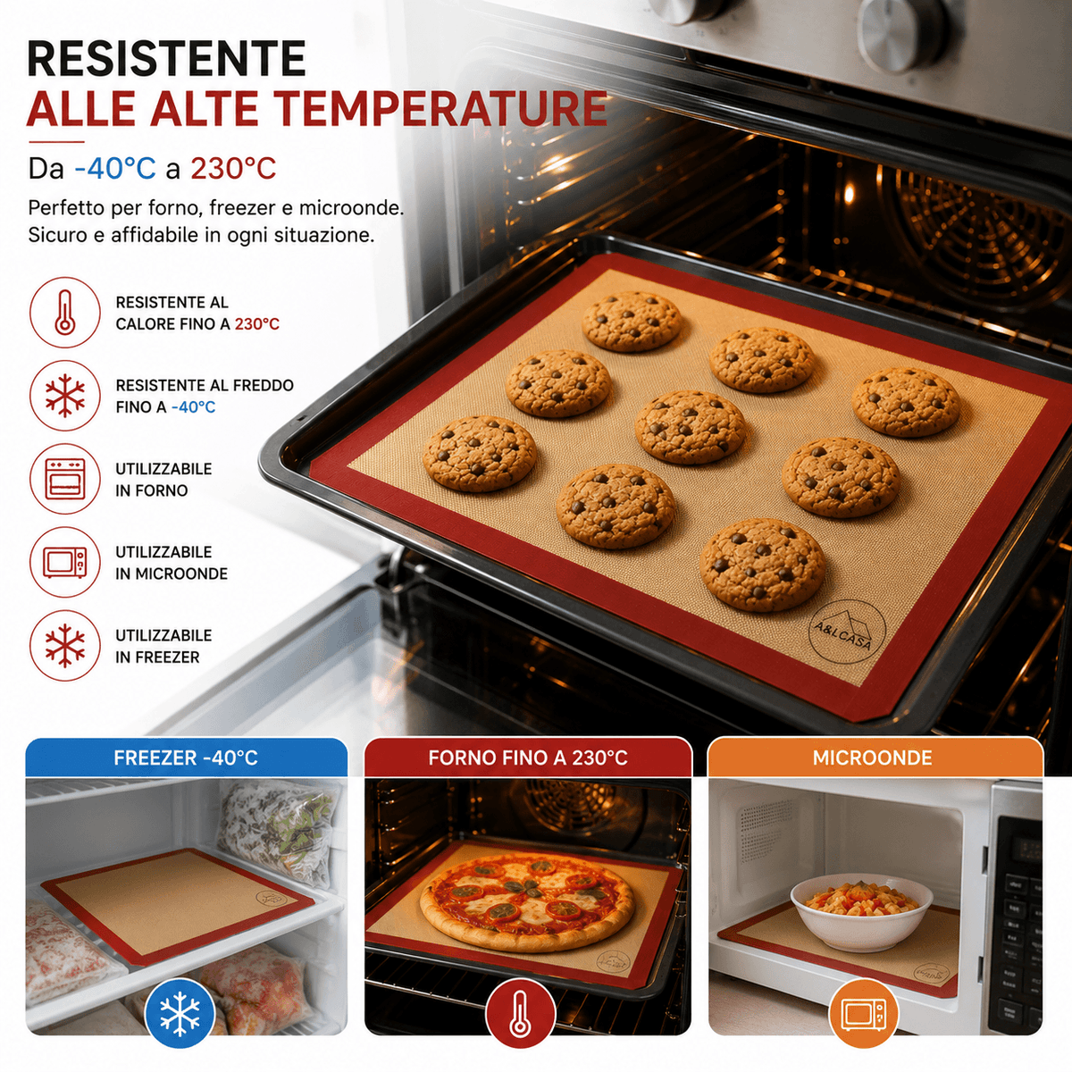 Tappetino da forno in silicone A&LCASA resistente da -40 °C a 230 °C, utilizzabile in forno, freezer e microonde